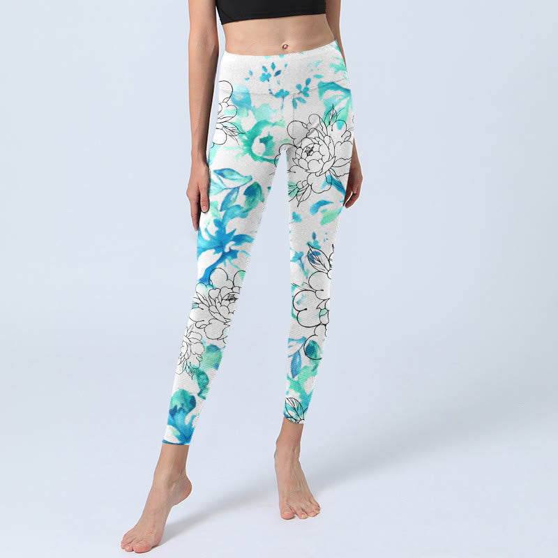Leggings de yoga para mujer con estampado de líneas de flores de peonía y acuarela azul de Buddha Stones - image 6