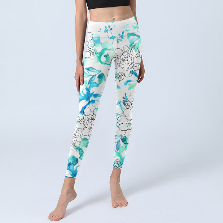 Leggings de yoga para mujer con estampado de líneas de flores de peonía y acuarela azul de Buddha Stones - image 6