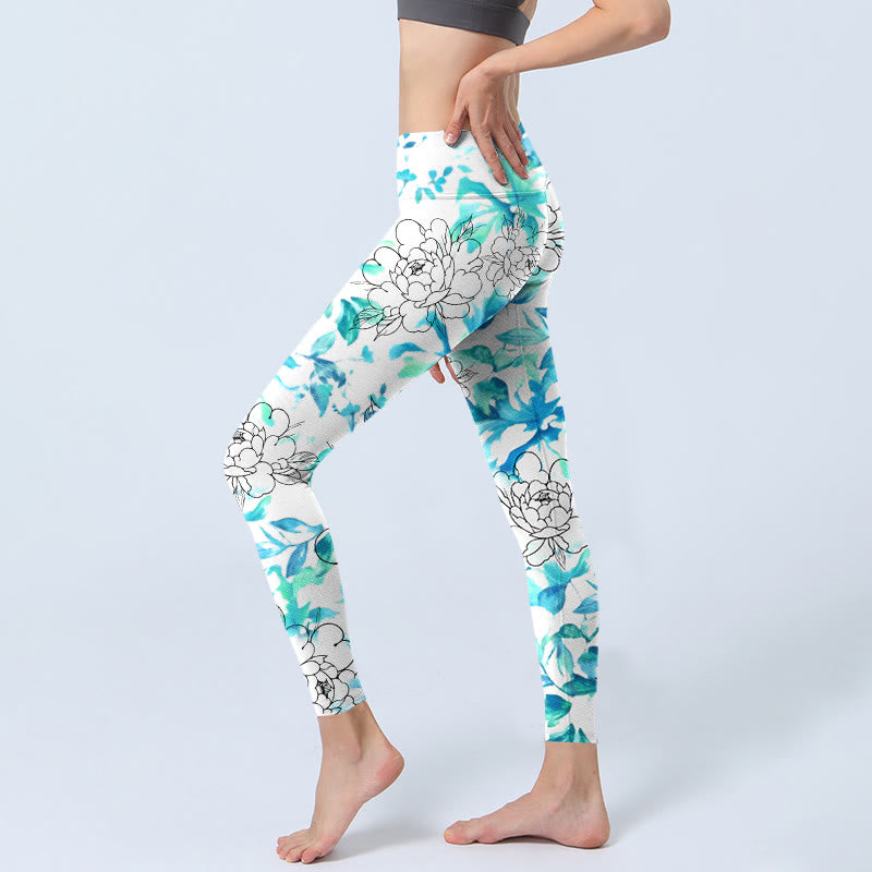 Leggings de yoga para mujer con estampado de líneas de flores de peonía y acuarela azul de Buddha Stones - image 3