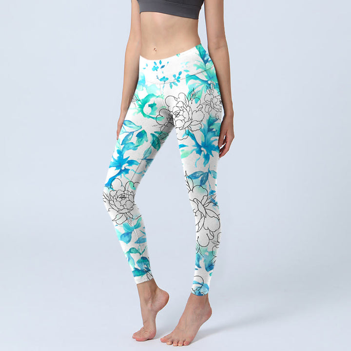 Leggings de yoga para mujer con estampado de líneas de flores de peonía y acuarela azul de Buddha Stones - Azul Alicia - US18，UK/AU22，EU50 (4XL) - image 0