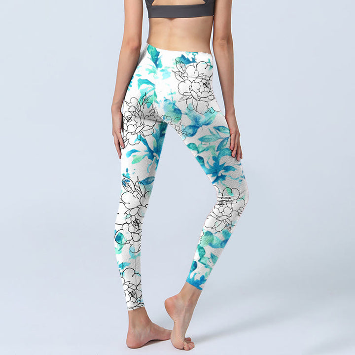 Leggings de yoga para mujer con estampado de líneas de flores de peonía y acuarela azul de Buddha Stones - image 5