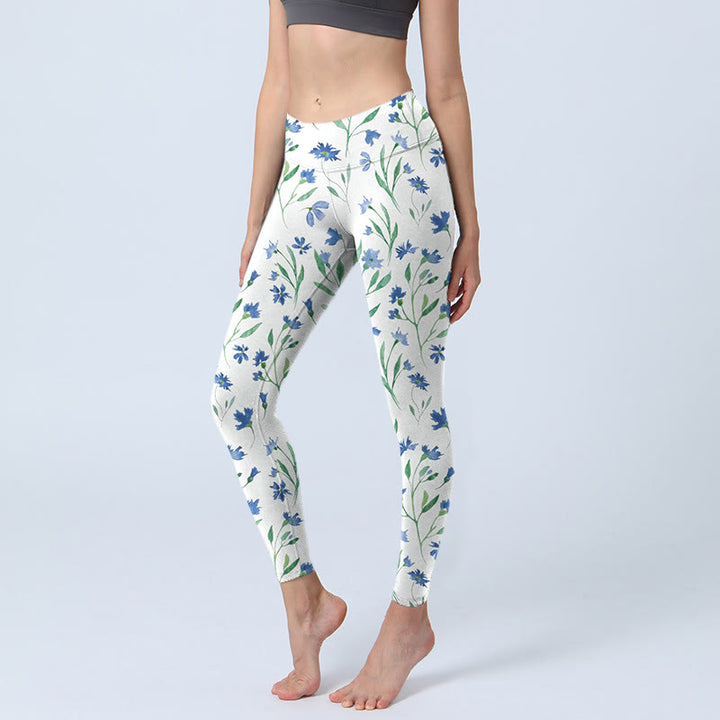 Leggings de yoga para mujer con estampado de hojas y flores blancas y Buddha Stones - Azul Alicia - US18，UK/AU22，EU50 (4XL) - image 0