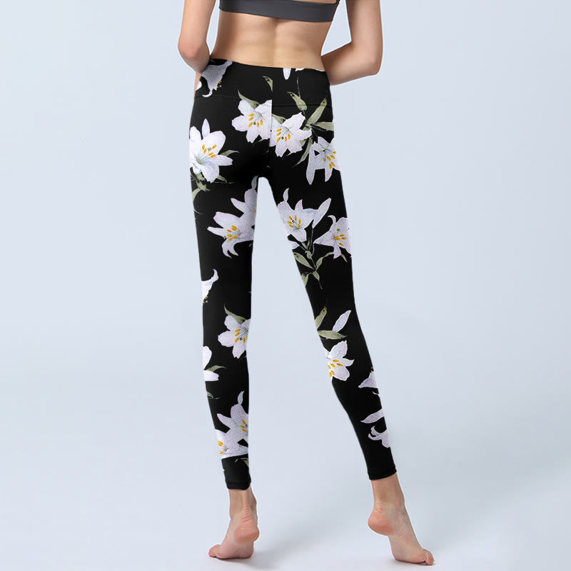 Leggings de yoga para mujer con estampado de hojas y flores de lirio negro y Buddha Stones - image 6