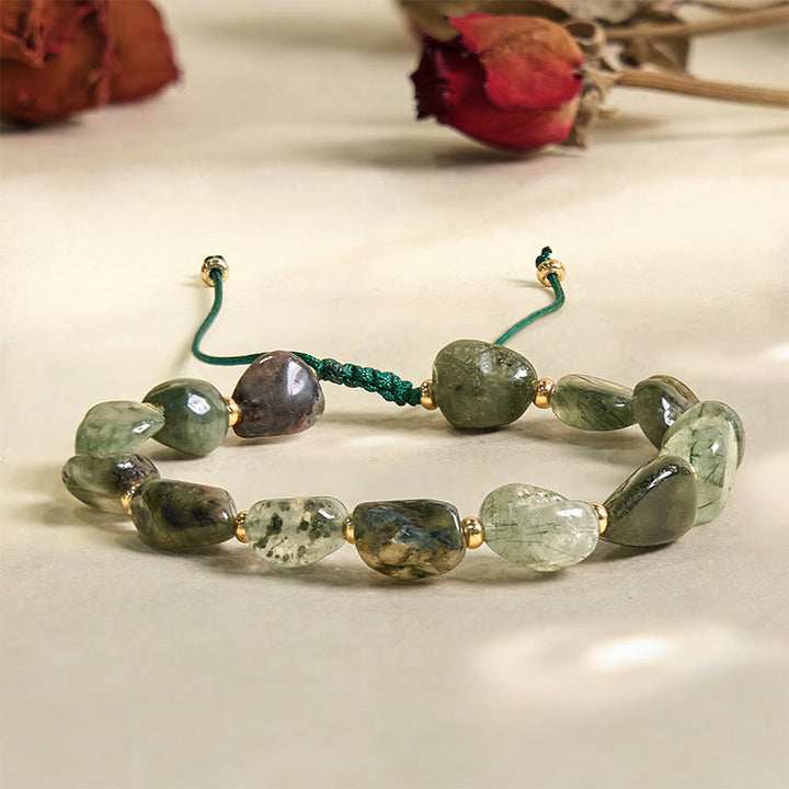 Pulsera trenzada de cuarzo rutilado verde con Buddha Stones