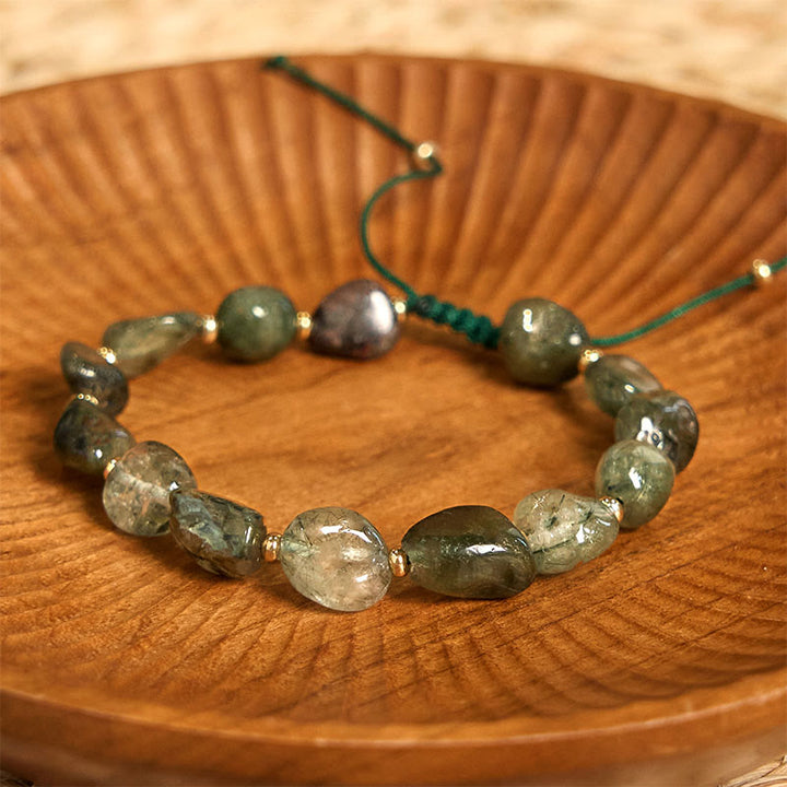 Pulsera trenzada de cuarzo rutilado verde con Buddha Stones