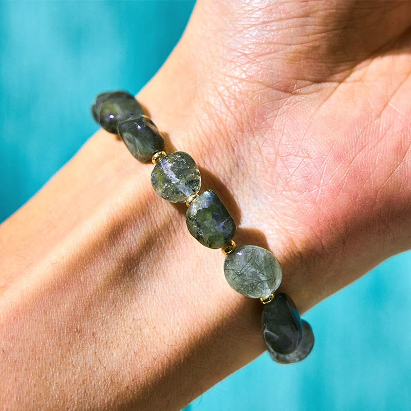 Pulsera trenzada de cuarzo rutilado verde con Buddha Stones