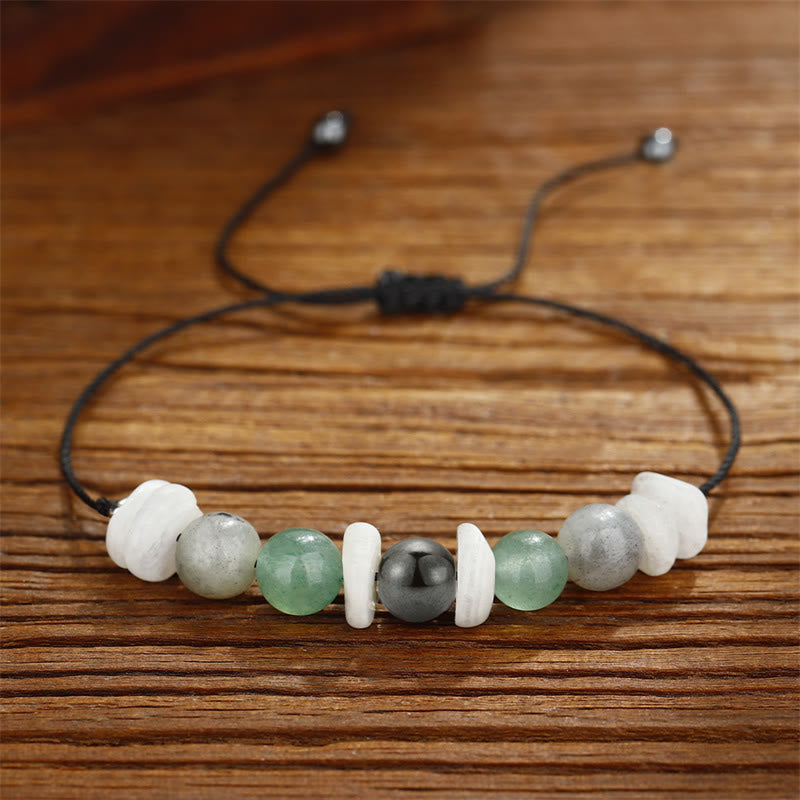 Pulsera curativa de piedra lunar blanca con labradorita, aventurina verde y menopausia de Buddha Stones