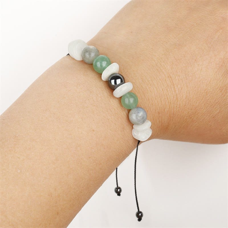 Pulsera curativa de piedra lunar blanca con labradorita, aventurina verde y menopausia de Buddha Stones
