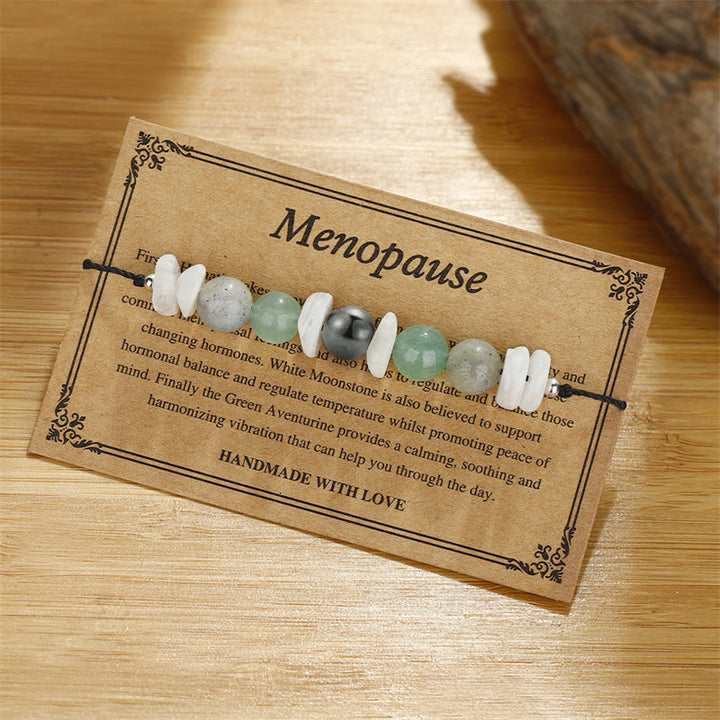Pulsera curativa de piedra lunar blanca con labradorita, aventurina verde y menopausia de Buddha Stones