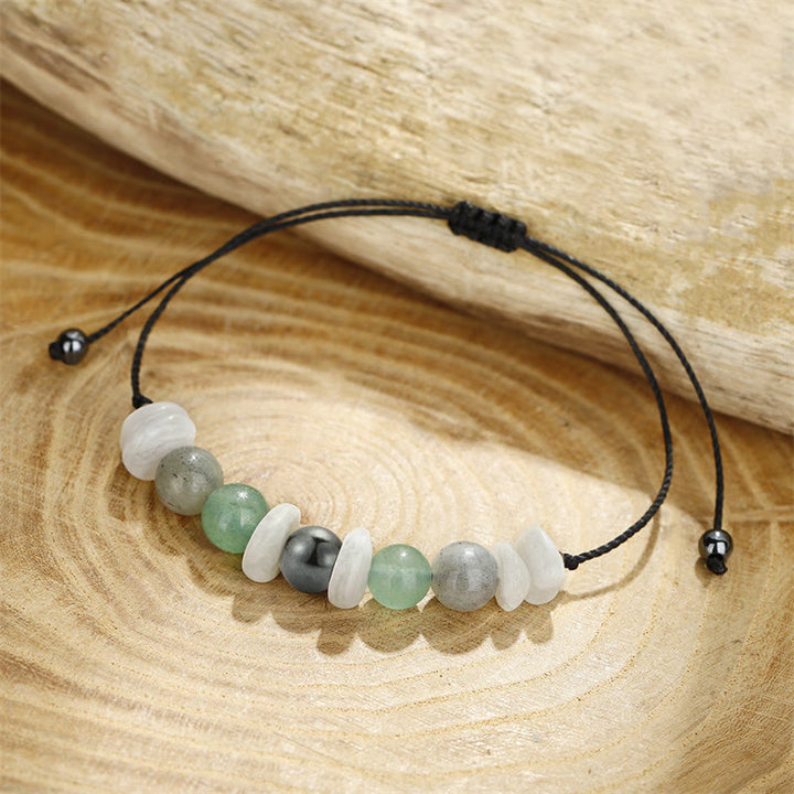 Pulsera curativa de piedra lunar blanca con labradorita, aventurina verde y menopausia de Buddha Stones
