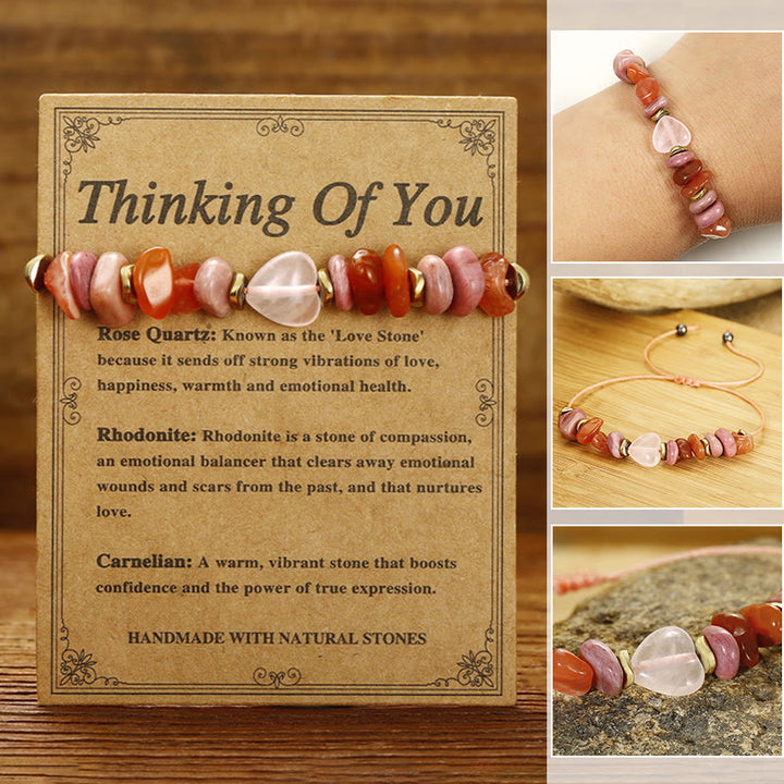 Pulsera de relaciones con Buddha Stones " Pensando en ti", cuarzo rosa, rodonita y cornalina