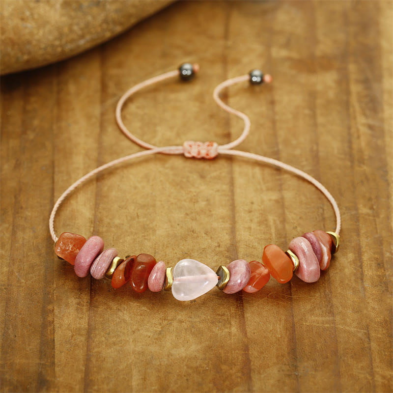 Pulsera de relaciones con Buddha Stones " Pensando en ti", cuarzo rosa, rodonita y cornalina