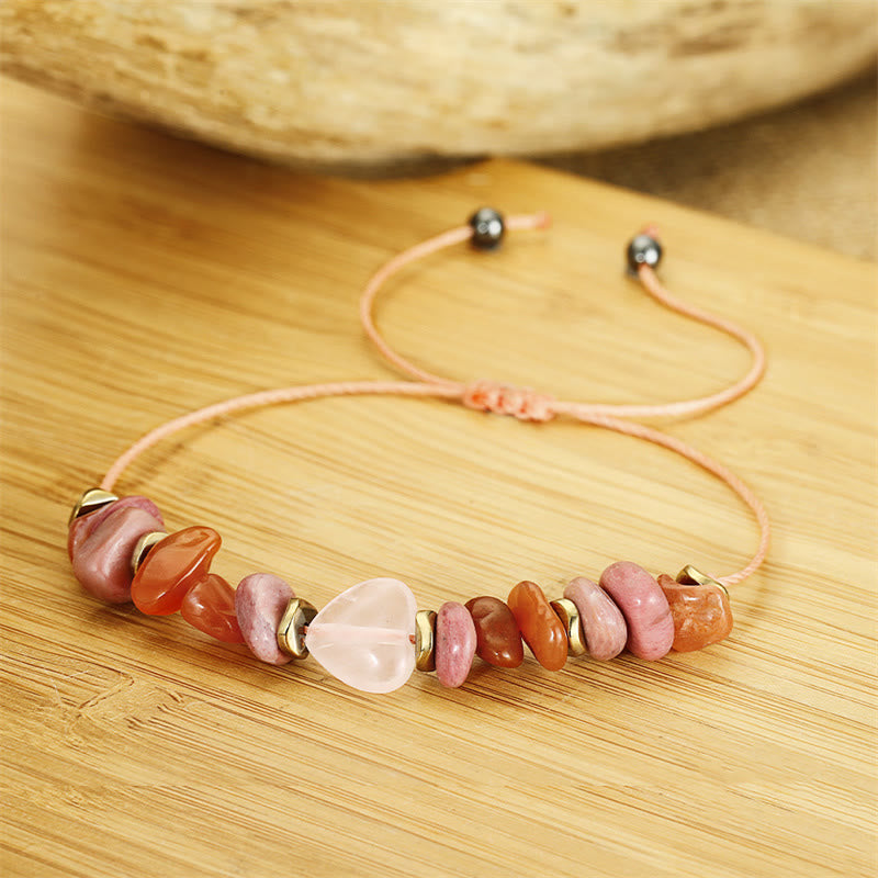 Pulsera de relaciones con Buddha Stones " Pensando en ti", cuarzo rosa, rodonita y cornalina