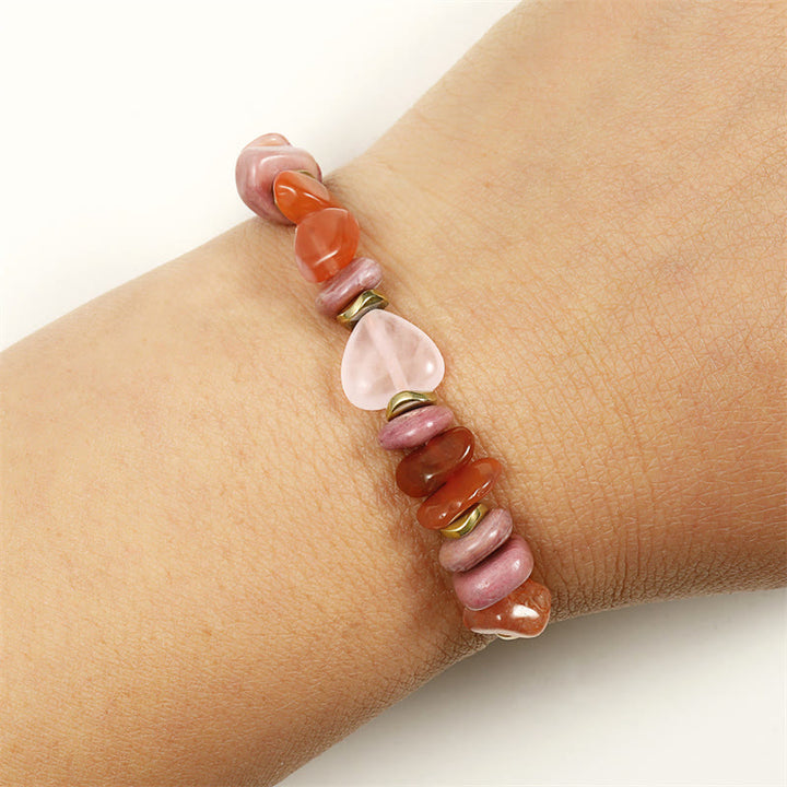 Pulsera de relaciones con Buddha Stones " Pensando en ti", cuarzo rosa, rodonita y cornalina