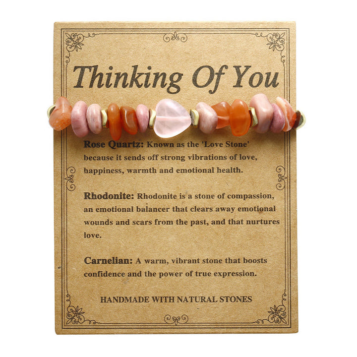 Pulsera de relaciones con Buddha Stones " Pensando en ti", cuarzo rosa, rodonita y cornalina