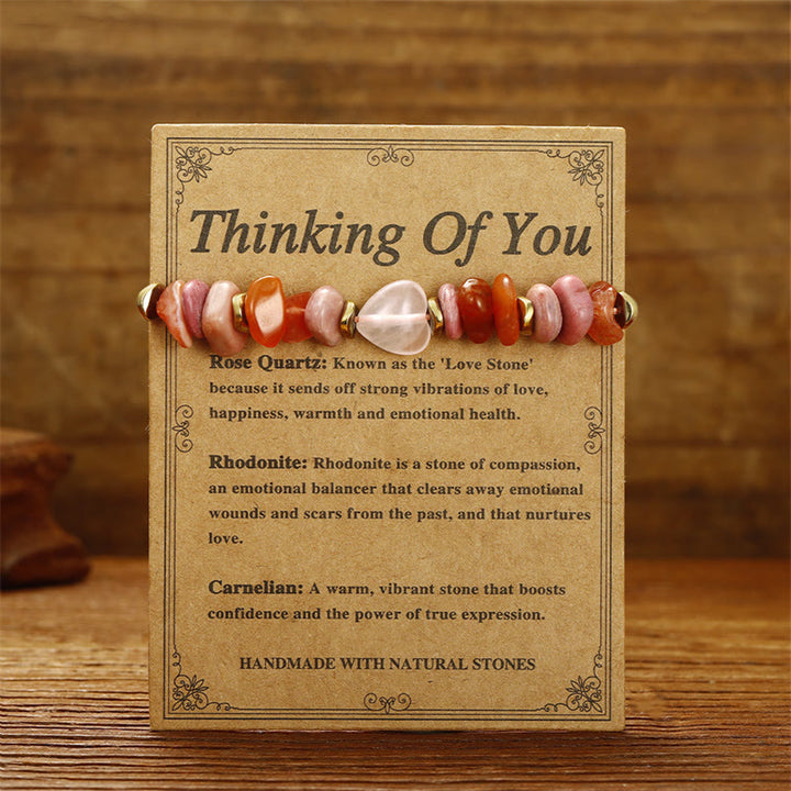 Pulsera de relaciones con Buddha Stones " Pensando en ti", cuarzo rosa, rodonita y cornalina