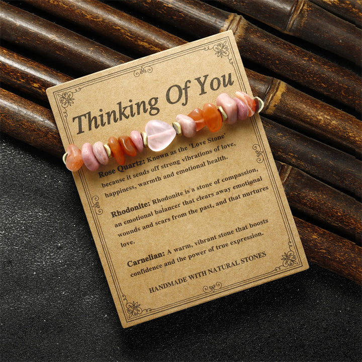 Pulsera de relaciones con Buddha Stones " Pensando en ti", cuarzo rosa, rodonita y cornalina