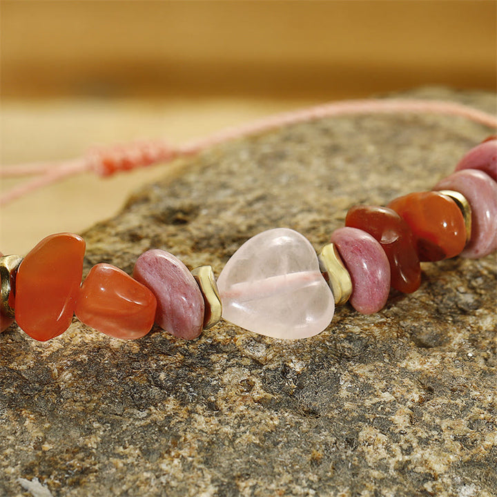 Pulsera de relaciones con Buddha Stones " Pensando en ti", cuarzo rosa, rodonita y cornalina