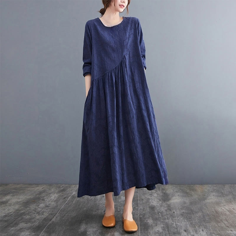 Vestido midi de algodón y lino con estampado jacquard de Buddha Stones Smiple, manga larga y bolsillos para mujer - Azul acero - US8-10，UK/AU12-14，EU40-42 (2XL) - image 20