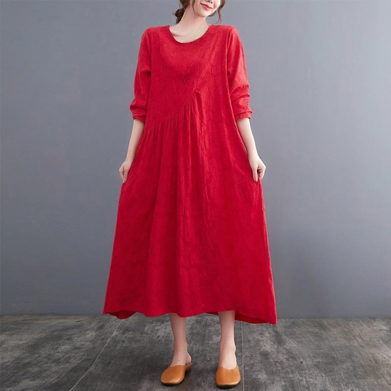 Vestido midi de algodón y lino con estampado jacquard de Buddha Stones Smiple, manga larga y bolsillos para mujer - Rojo - US8-10，UK/AU12-14，EU40-42 (2XL) - image 8