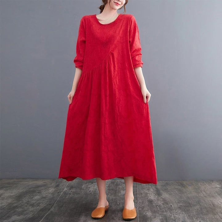 Vestido midi de algodón y lino con estampado jacquard de Buddha Stones Smiple, manga larga y bolsillos para mujer - Rojo - US8-10，UK/AU12-14，EU40-42 (2XL) - image 8