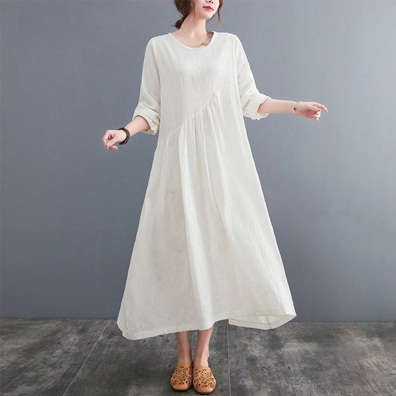 Vestido midi de algodón y lino con estampado jacquard de Buddha Stones Smiple, manga larga y bolsillos para mujer - Blanco - US8-10，UK/AU12-14，EU40-42 (2XL) - image 0