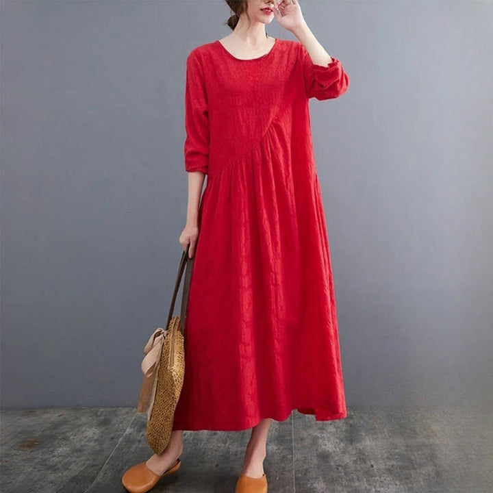 Vestido midi de algodón y lino con estampado jacquard de Buddha Stones Smiple, manga larga y bolsillos para mujer - image 13