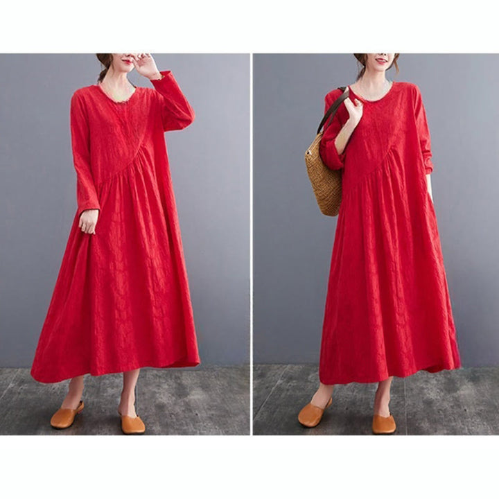 Vestido midi de algodón y lino con estampado jacquard de Buddha Stones Smiple, manga larga y bolsillos para mujer - image 16