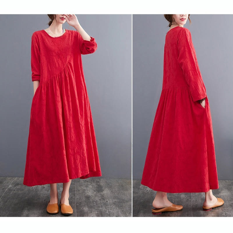 Vestido midi de algodón y lino con estampado jacquard de Buddha Stones Smiple, manga larga y bolsillos para mujer - image 15