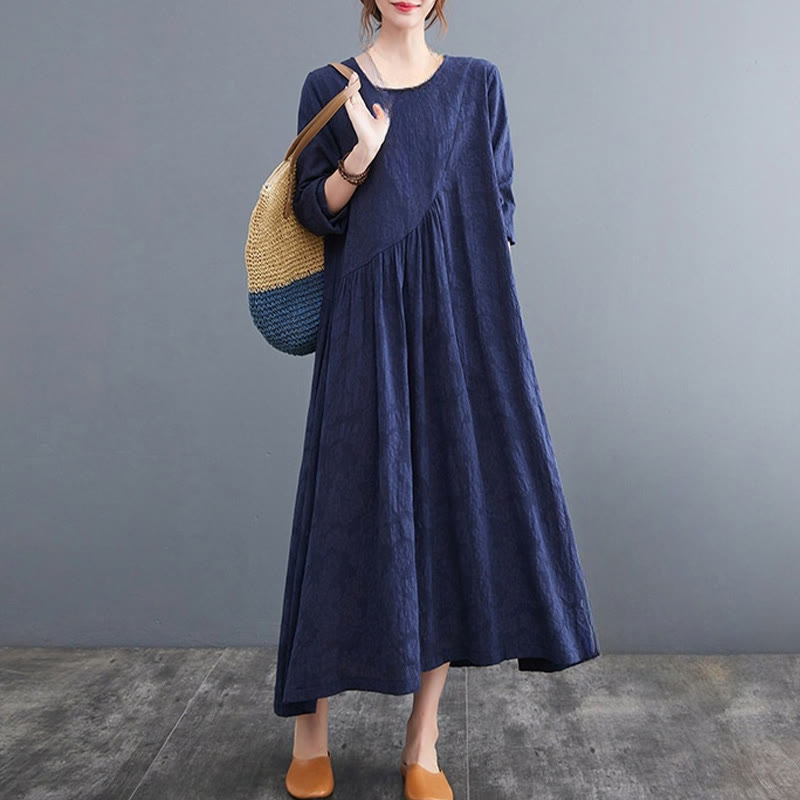 Vestido midi de algodón y lino con estampado jacquard de Buddha Stones Smiple, manga larga y bolsillos para mujer - image 24