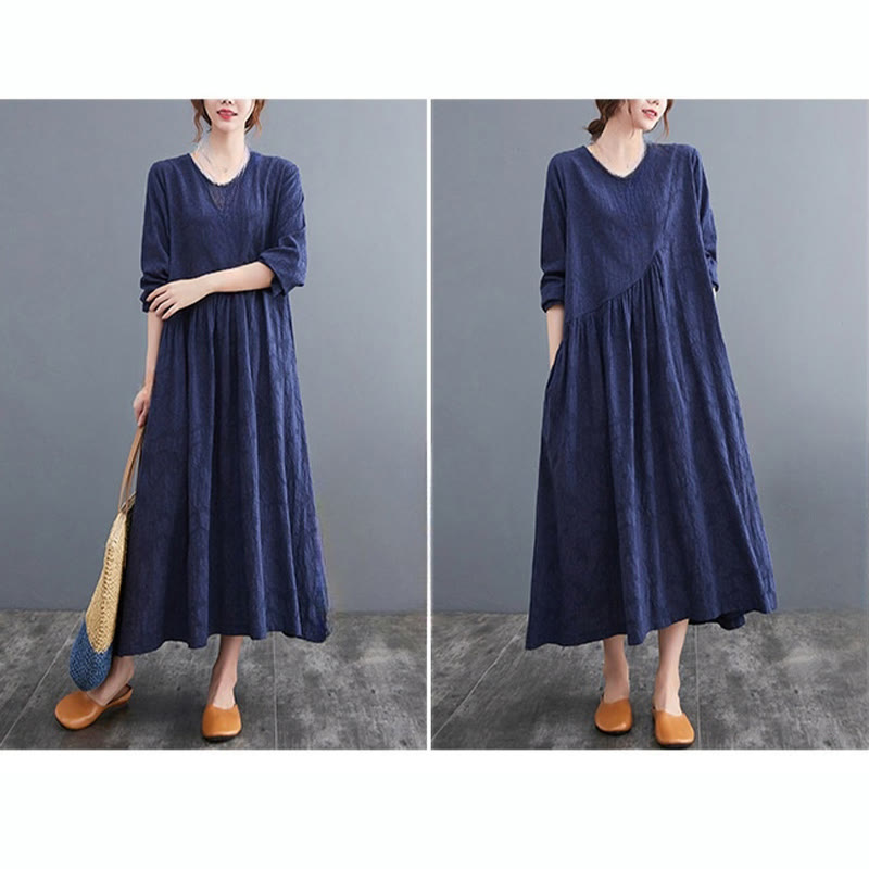 Vestido midi de algodón y lino con estampado jacquard de Buddha Stones Smiple, manga larga y bolsillos para mujer - image 27