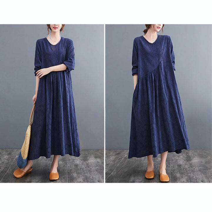 Vestido midi de algodón y lino con estampado jacquard de Buddha Stones Smiple, manga larga y bolsillos para mujer - image 27