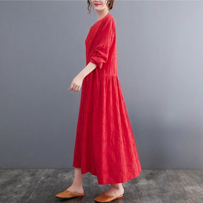 Vestido midi de algodón y lino con estampado jacquard de Buddha Stones Smiple, manga larga y bolsillos para mujer - image 10
