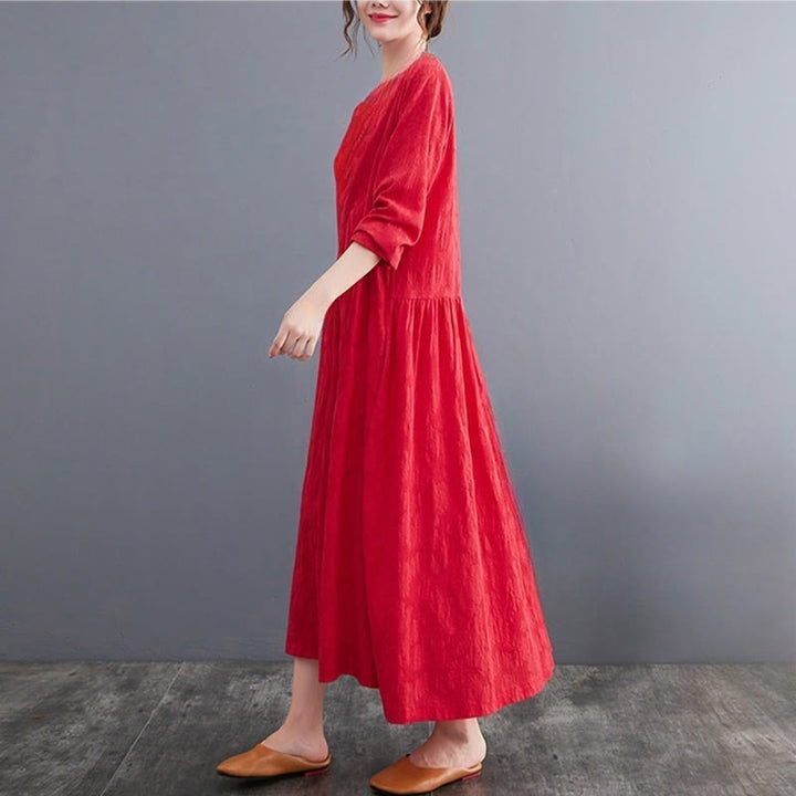 Vestido midi de algodón y lino con estampado jacquard de Buddha Stones Smiple, manga larga y bolsillos para mujer - image 10
