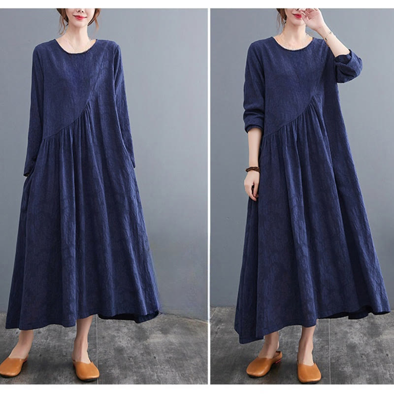 Vestido midi de algodón y lino con estampado jacquard de Buddha Stones Smiple, manga larga y bolsillos para mujer - image 26