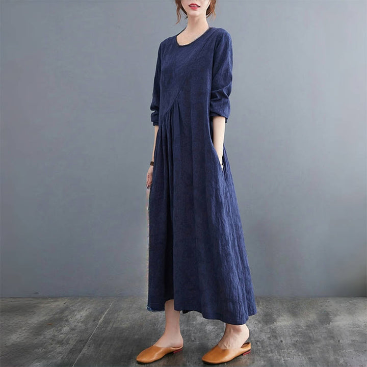 Vestido midi de algodón y lino con estampado jacquard de Buddha Stones Smiple, manga larga y bolsillos para mujer - image 22