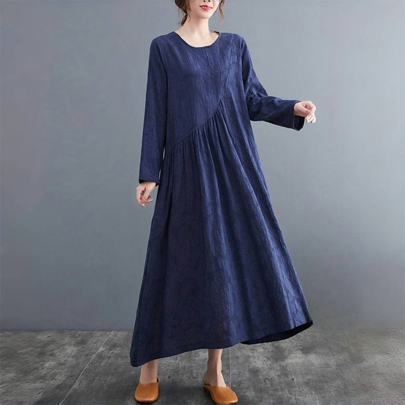 Vestido midi de algodón y lino con estampado jacquard de Buddha Stones Smiple, manga larga y bolsillos para mujer - image 23