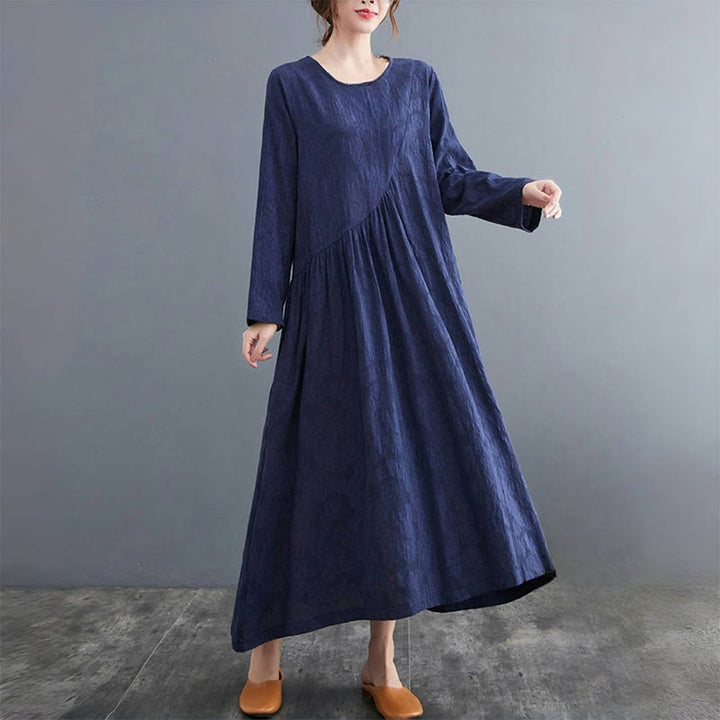 Vestido midi de algodón y lino con estampado jacquard de Buddha Stones Smiple, manga larga y bolsillos para mujer - image 23