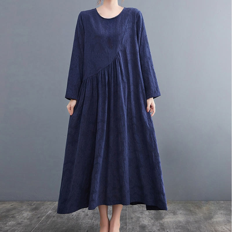 Vestido midi de algodón y lino con estampado jacquard de Buddha Stones Smiple, manga larga y bolsillos para mujer - image 25