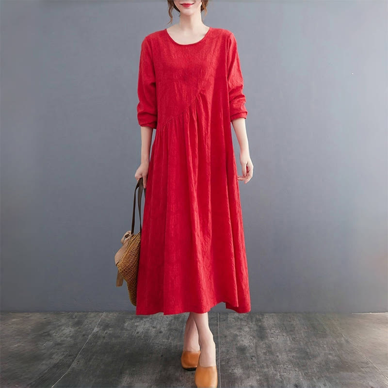 Vestido midi de algodón y lino con estampado jacquard de Buddha Stones Smiple, manga larga y bolsillos para mujer - image 12