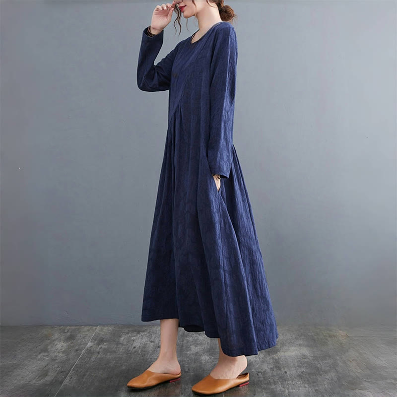 Vestido midi de algodón y lino con estampado jacquard de Buddha Stones Smiple, manga larga y bolsillos para mujer - image 21