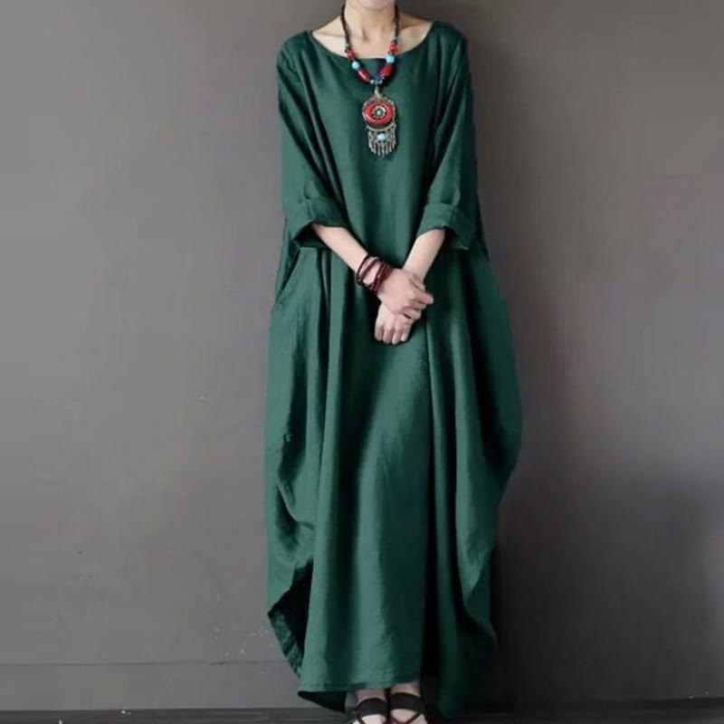 Vestido largo de algodón con mangas tres cuartos y estampado de Buddha Stones para mujer - Verde oscuro - US16, UK/AU20, EU48 (5XL) - image 9
