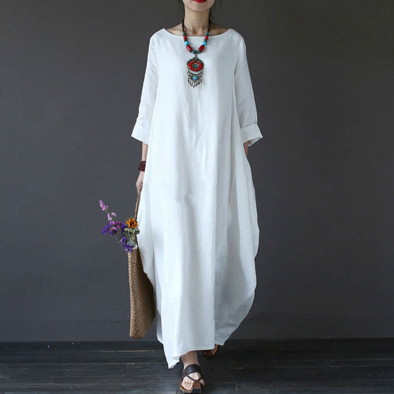 Vestido largo de algodón con mangas tres cuartos y estampado de Buddha Stones para mujer - Blanco - US16, UK/AU20, EU48 (5XL) - image 0