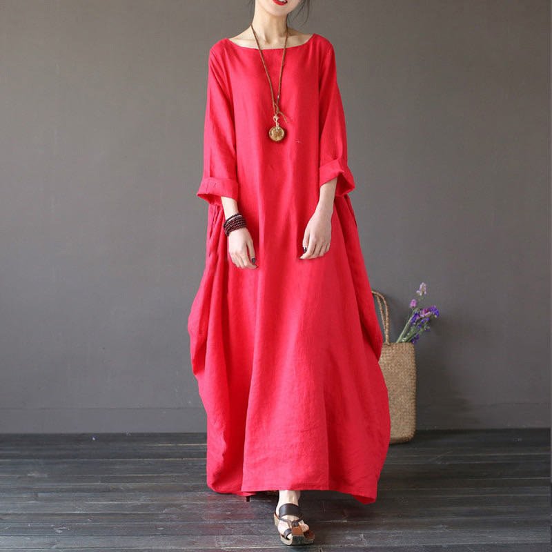Vestido largo de algodón con mangas tres cuartos y estampado de Buddha Stones para mujer - Rojo - US16, UK/AU20, EU48 (5XL) - image 6