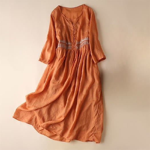 Vestido midi de algodón para mujer con bordado geométrico de Buddha Stones y mangas de nueve cuartos con bolsillos