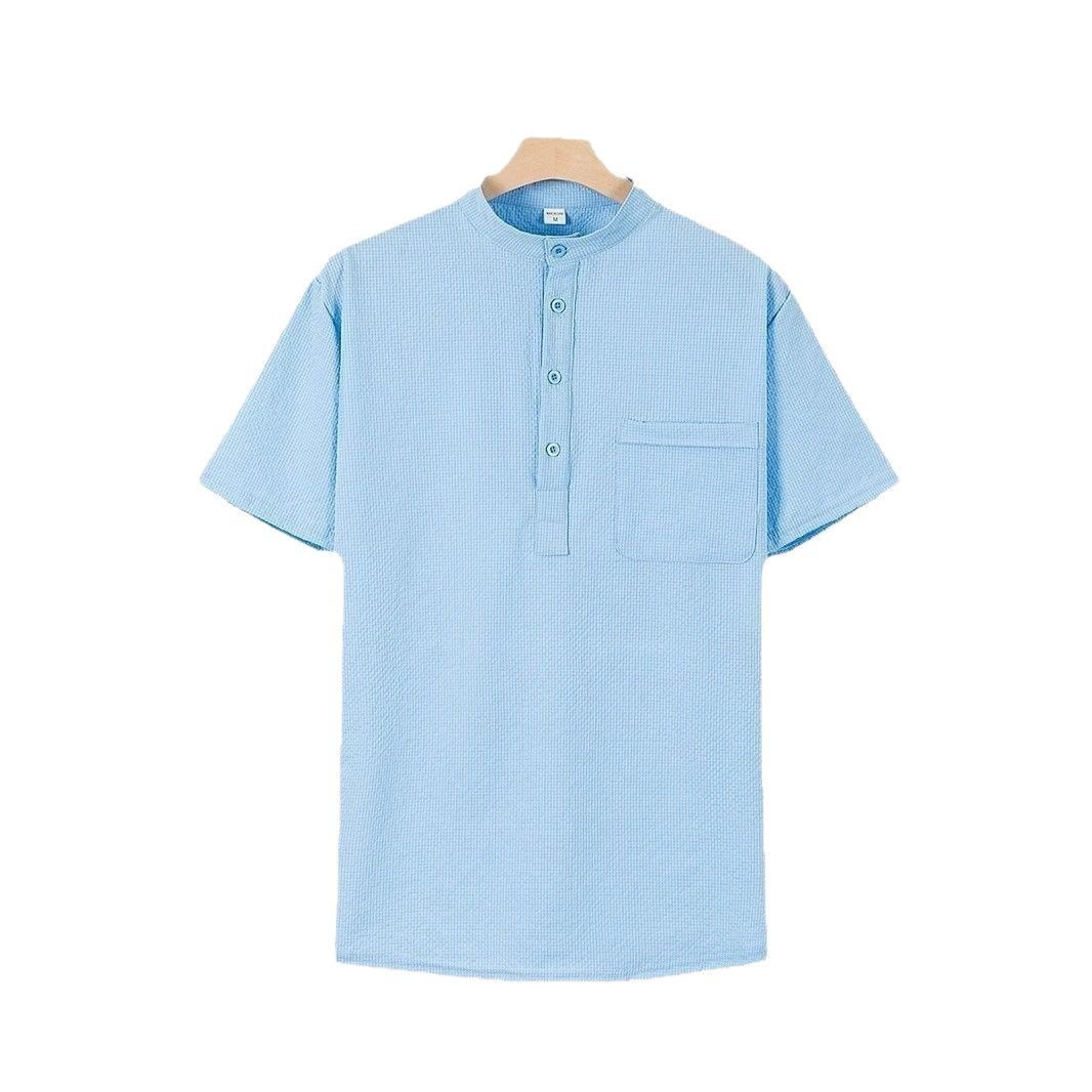 Camisa de manga corta para hombre con diseño de Buddha Stones , color liso, a cuadros, con botones y medio cuello - Azul cielo claro - US/UK/AU46, UE56 (3XL) - image 0