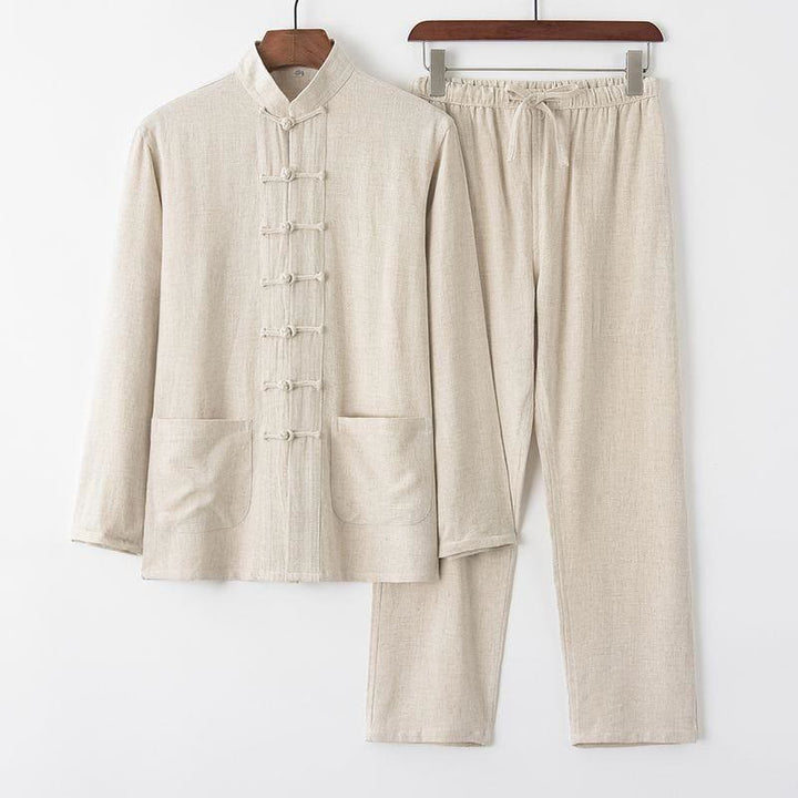 Conjunto de 2 piezas de traje Tang con Buddha Stones de rana, camisa de manga larga y pantalones de lino y algodón para hombre