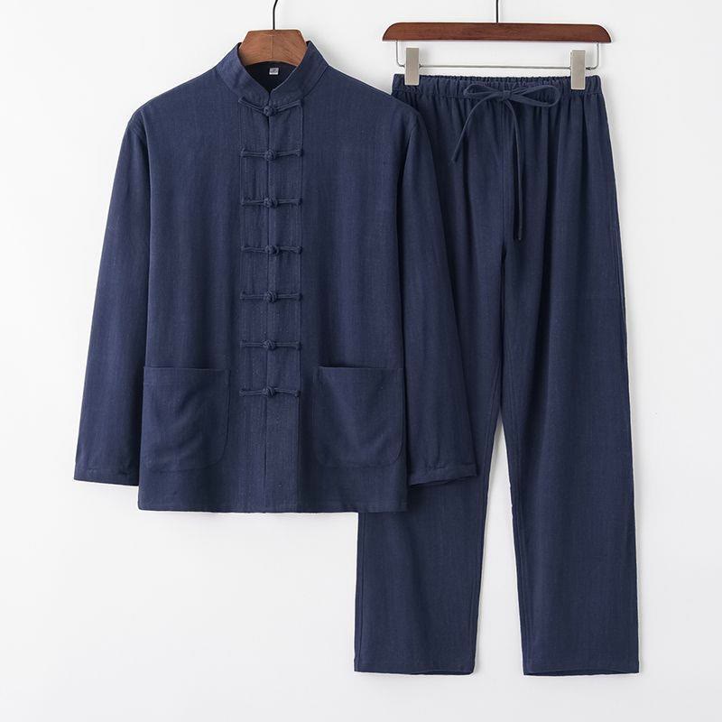 Conjunto de 2 piezas de traje Tang con Buddha Stones de rana, camisa de manga larga y pantalones de lino y algodón para hombre