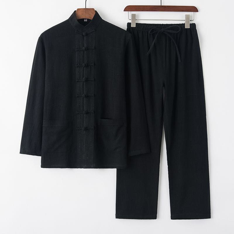 Conjunto de 2 piezas de traje Tang con Buddha Stones de rana, camisa de manga larga y pantalones de lino y algodón para hombre