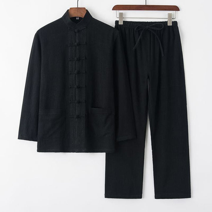 Conjunto de 2 piezas de traje Tang con Buddha Stones de rana, camisa de manga larga y pantalones de lino y algodón para hombre